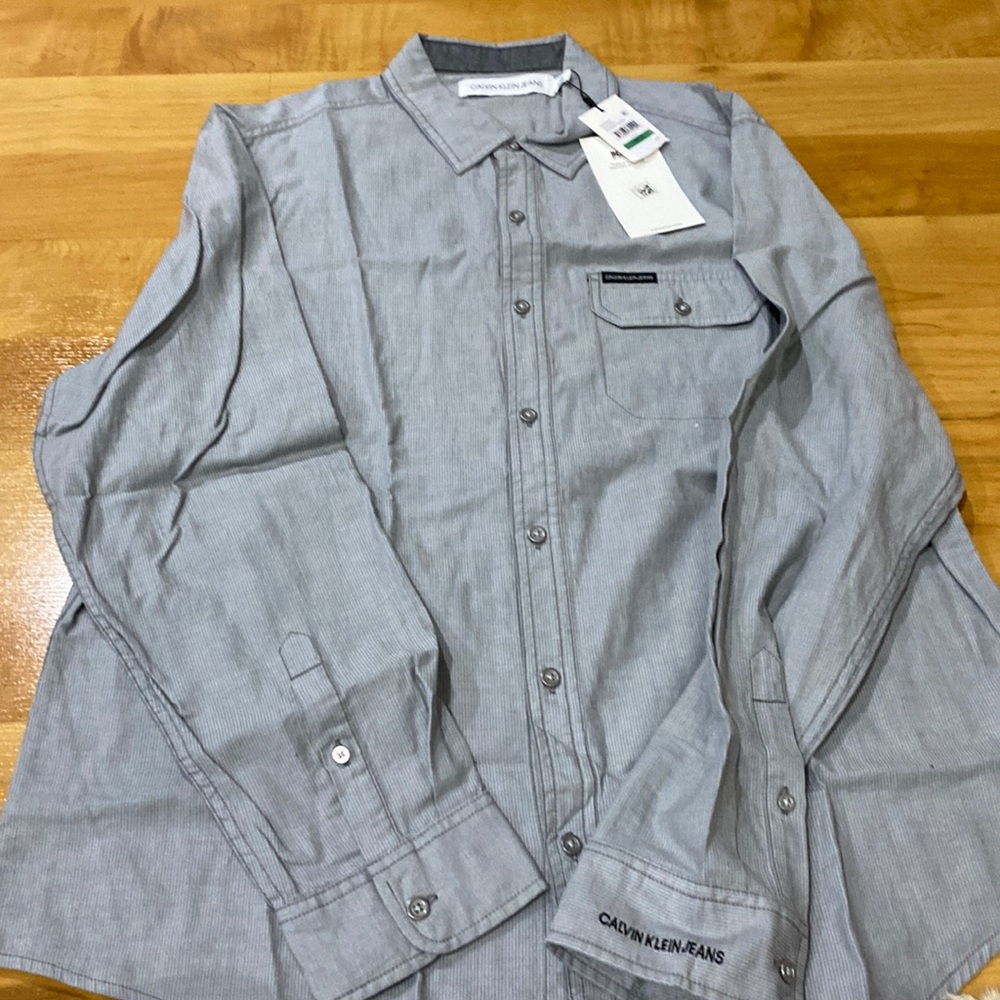 Men’s Calvin Klein Jeans Long Sleeve Chambray Stripe Shirt Convoy Gray size L